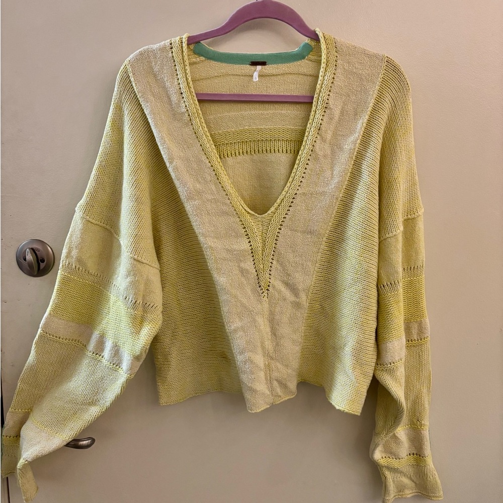 Free People Yellow V-Neck Sweater with Ribbed Trim